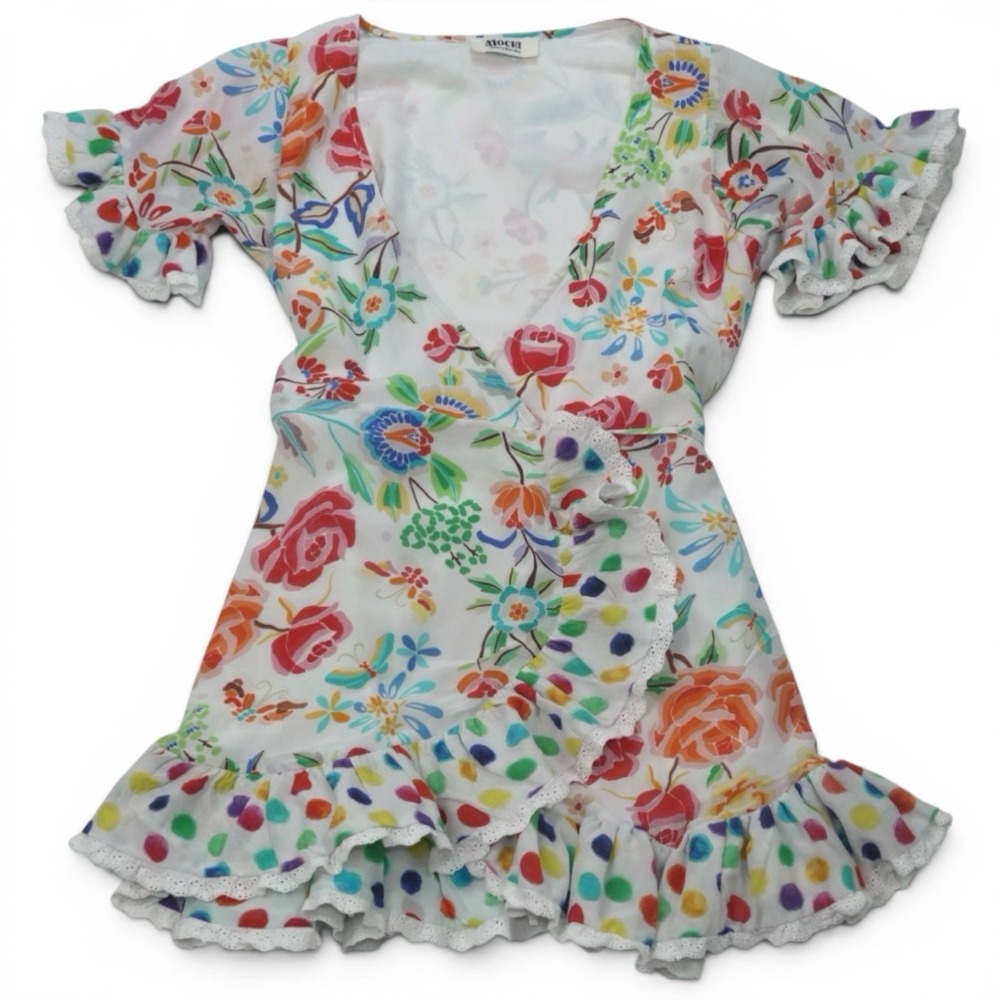 Mochi Valeria‎ Silk Wrap Dress Floral Ruffle Whimsical Boho Romantic S